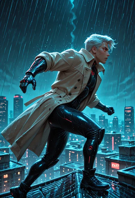 SmoothNoob_Quality, cyberpunk, 1boy, cybernetic, short white hair, glowing scar, scar on face, determined glare, running, midair, speed lines, neon trim, trenchcoat floating, robotic arm, wet, rain, cityscape, on roof, rooftoops, skyscrapers, night sky, from side,