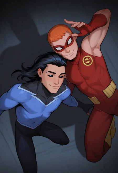 masterpiece, absurdres, high quality, perfect anatomy, 2boys, duo, side by side, male focus, cute boys, AqualadTT, black scelera, long sleeves ,
SpeedyTT, domino mask, red bodysuit, fingerless gloves, sleeveless
smile, cinematic, intricately detailed illustration, depth of field, masterpiece, best quality, amazing quality, very aesthetic, absurdres, newest, very awa, shadow, dynamic angle, casual cosplay, dynamic pose,