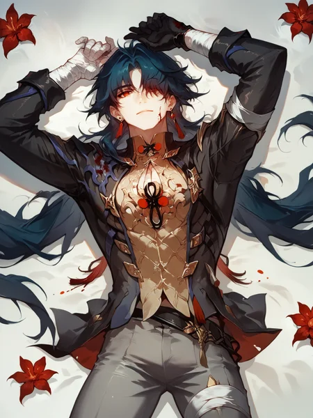 score_9, score_8_up, score_7_up, BREAK, BladeHSR, 1man, solo, long dark blue hair, hair over eyes, red eyes, long black jacket, golden shirt, one black glove, one hand is wrapped in bandages, gray pants, black shoes, Concept Art, lying, red flowers, blood drops on body and face, hands above head, dark theme <lora:BladeHSR:1>   <lora:Concept Art Style SDXL_LoRA_Pony Diffusion V6 XL:1>