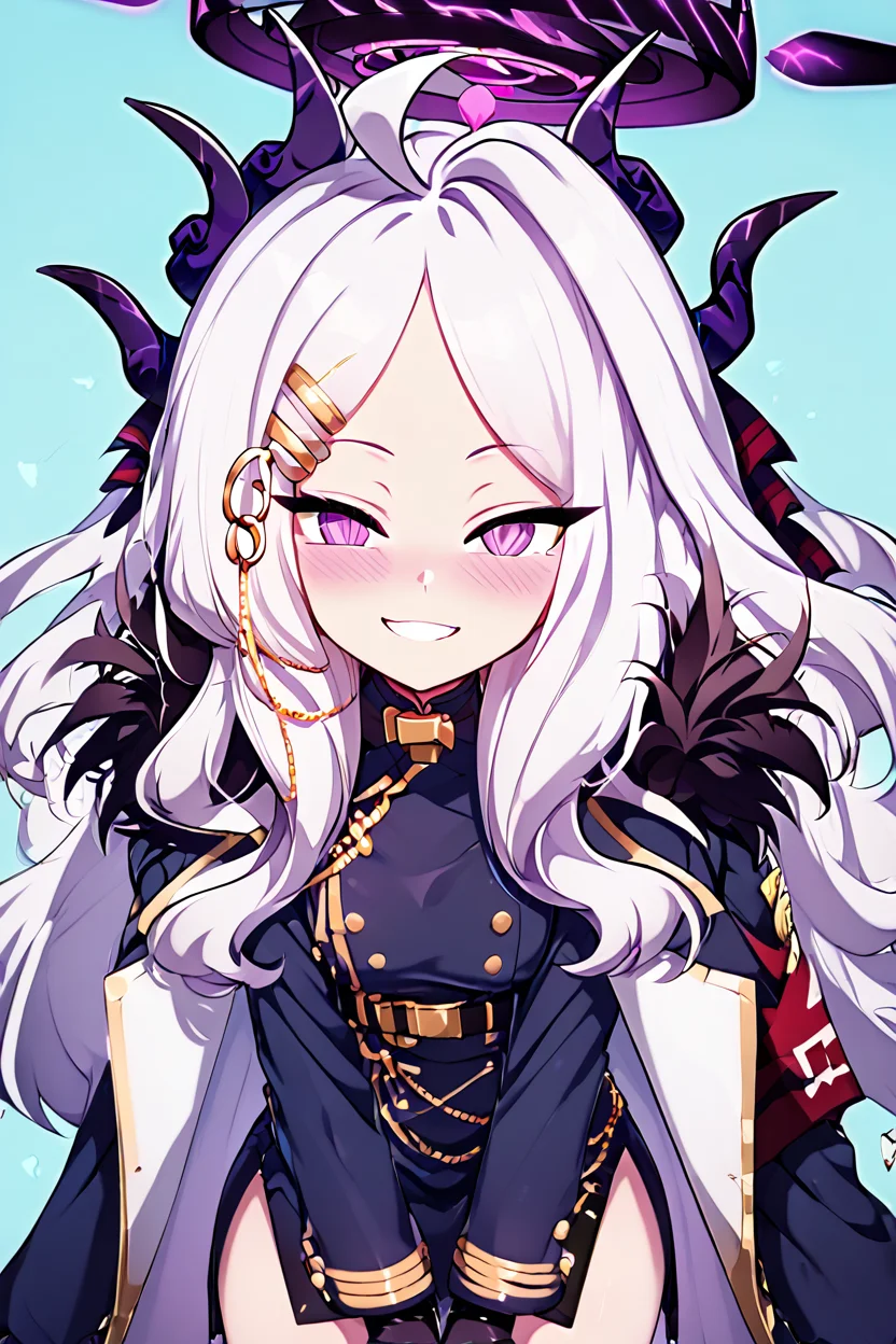 score_9, score_8_up, score_8, medium breasts,(curvy), cute, eyelashes, BREAK, , ,,, zzHina, purple eyes, long hair, hair ornament, white hair, horns, hina (blue archive), ahoge, halo, multiple horns, parted bangs, skirt, long sleeves, hairclip, black skirt, coat, coat on shoulders, fur trim, black gloves, <lora:Hina_BlueArchive_PDXL:1.0>, , ,,, <lora:Afrobull_PDXL_v5:0.8>, ,,,, BREAK, smile, looking at viewer, leaning forward, head tilt, blush, embedding:zPDXL, Expressiveh, <lora:SDXLFaeTastic2400:0.5>, <lora:Expressive_H-000001:0.4>,