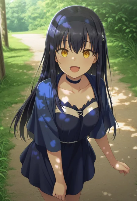 masterpiece,best quality,amazing quality, kushima kamome, long hair, black hair, yellow eyes, 1girl, solo, hairband, open mouth, smile, outdoors, grass, :d, collarbone, sunlight, dress, day, choker, dappled sunlight