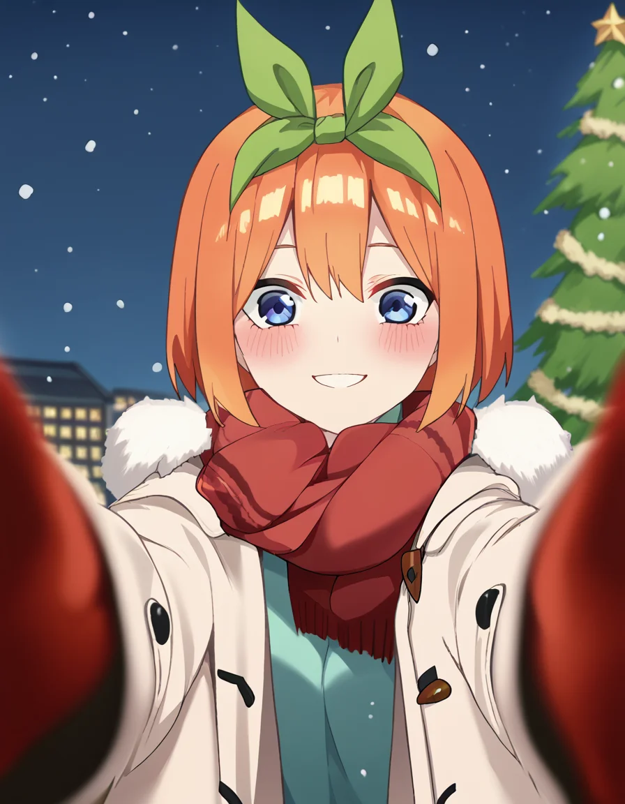 score_9, score_8_up, score_7_up, source_anime, <lora:yotsuba-nakano-s2-ponyxl-lora-nochekaiser:1>, yotsuba nakano, bangs, short hair, blue eyes, hair between eyes, hair ribbon, hairband, orange hair, green ribbon, large breasts,, <lora:pov-cheek-warming-ponyxl-lora-nochekaiser:1>, pov cheek warming, pov cheek warming (meme), winter gloves, duffel coat, fur-trimmed scarf, winter clothes, red mittens, meme, winter coat, red scarf, fur-trimmed coat, reaching towards viewer, reaching, mittens, fur-trimmed hood, white coat, open coat, scarf, coat, red gloves, snowing, pov, fur trim, depth of field, smile, blush,, christmas, christmas tree, christmas lights,,