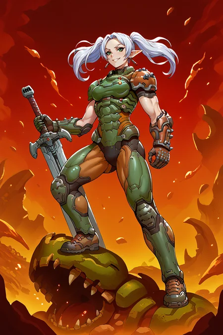 score_9, score_8_up, score_7_up BREAK 1girl,solo,smile,medium breasts
dslayer, a woman with a sword standing on a pile of corpses, the only thing they fear is you, rip and tear until it is done, he is doom, the slayer's time is now
<lora:edgArmoredPony:0.85>
<lora:ChamFrierenPonyXL:1> long hair, earrings, twintails, green eyes, frieren,white hair