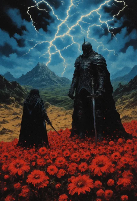 Dark fantasy art
scene in a vibrant field of red poppies. A woman with long, flowing hair and a dark, flowing gown stands facing a towering figure clad in dark, jagged armor with a menacing crown. The setting is a vast, misty landscape with a stormy sky, illuminated by bolts of lightning. In the distance, a dark castle looms on a hill, adding to the ominous and mythical atmosphere.
