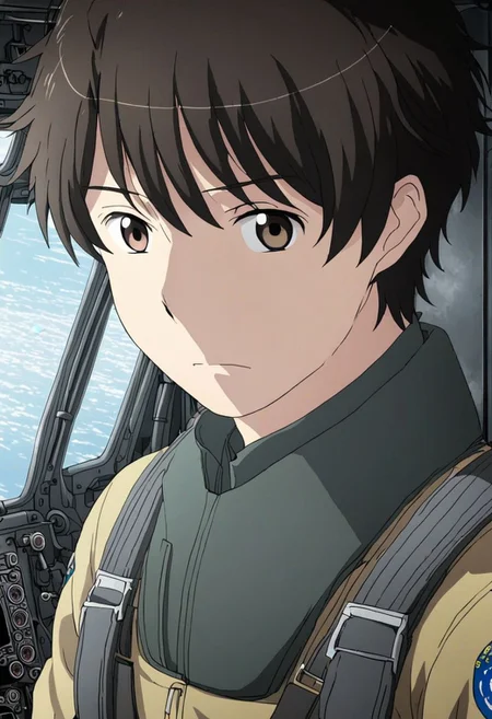 high resolution, solo, best quality, 1Boy, Inaho Kaizuka, Black Hair, Brown Eyes, Pilot, Fly, Jet, OverallDetail