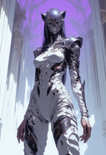 A hyper-realistic three-quarter shot of a woman in minimalist avant-garde fashion, clad in a flawlessly tailored white jumpsuit adorned with bold black jaguar spots that add a fierce, dynamic texture to the sleek ensemble. The design features exaggerated shoulder pads and asymmetrical cuts that expose geometric slashes of black mesh beneath, blending elegance with an edgy, wild aesthetic. Her face is obscured by a sleek, reflective chrome mask shaped like a smooth, featureless oval, amplifying the futuristic tone while allowing the patterned suit to take center stage. Her pose is commanding yet composed, one hand resting assertively on her hip while the other extends forward in a gesture of bold control. The background features a pristine white gallery space infused with a soft purple tint, where towering marble columns and dramatic spotlights cast long, angular shadows that complement the organic flow of the jaguar spots. The subtle violet glow contrasts with the clinical precision of the lighting, emphasizing the striking interplay of textures, patterns, and reflective surfaces. Rendered in 8K ultra-HD, the jaguar spots, chrome mask, and dynamic lighting come together in a seamless fusion of nature-inspired elegance and cutting-edge design.