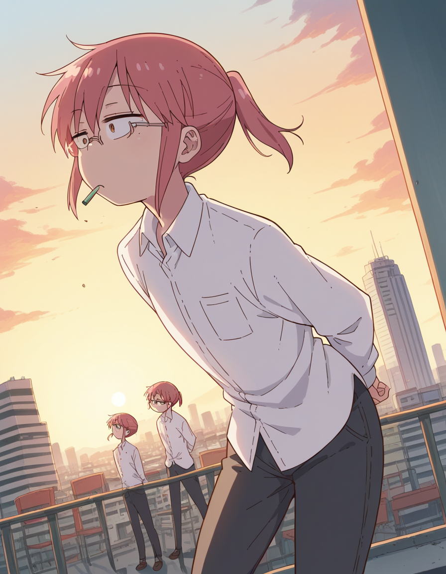 score_9, score_8_up, score_7_up, source_anime, <lora:dragon-kobayashi-s2-ponyxl-lora-nochekaiser:1>, kobayashi, ponytail, pink hair, glasses, short hair, brown eyes,, shirt, long sleeves, white shirt, collared shirt, pants, black pants, office lady,, rooftop, sunset, cityscape, quiet moment, wind blowing, contemplative, , , hands behind back, bent over,, solo,, dutch angle,
