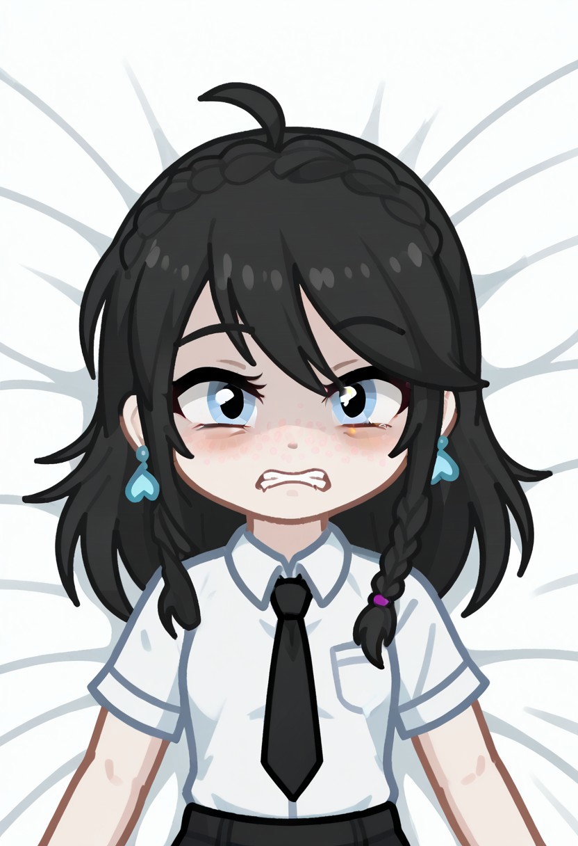 score_9, score_8_up, score_7_up, score_6_up, Neon light, lying in bed, GELUGDD, GELUGDDGacha, GELUGDD, GELUGDDGacha, Gacha, girl, black hair, long hair, braid, blue eyes, blue earrings, black tie, scared expression, shaded face