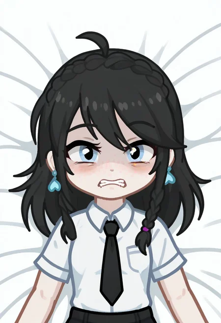 score_9, score_8_up, score_7_up, score_6_up, Neon light, lying in bed, GELUGDD, GELUGDDGacha, GELUGDD, GELUGDDGacha, Gacha, girl, black hair, long hair, braid, blue eyes, blue earrings, black tie, scared expression, shaded face