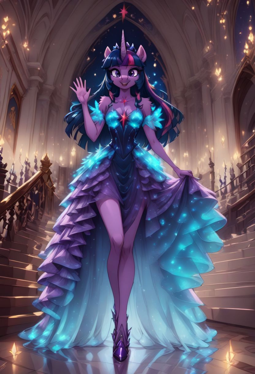 score_9, score_8_up, score_7_up, anthro,
(((Princess Twilight Sparkle))), alicorn, (spread wings), horn, regalia,
facing viewer, front view, female focus, view from chesthight,
g5, pony, female, mare, tail, dock, solo, 1girl, highly detailed, beautiful, detailed eyes, detailed fur, beautiful eyes, (tall), ((perfect body proportions), (beautiful long legs),
small breasts, show accurate skin colour,
long hair, fluffy hair, biggest hair,
(((walking ((down)) a grand staircase))), (((waving to viewer))), ((happy, excited, smiling at viewer invitingly)),
(((wearing a beautiful, eyecoloured, bioluminescent, shoulderfree ballgown))), glowing ballgown,
BREAK,
highly detailed background, (((nighttime))), night
inside Canterlot castle, ballroom, ((grand staircase)), mirror marble floor, (((dimmed lights in the room))),