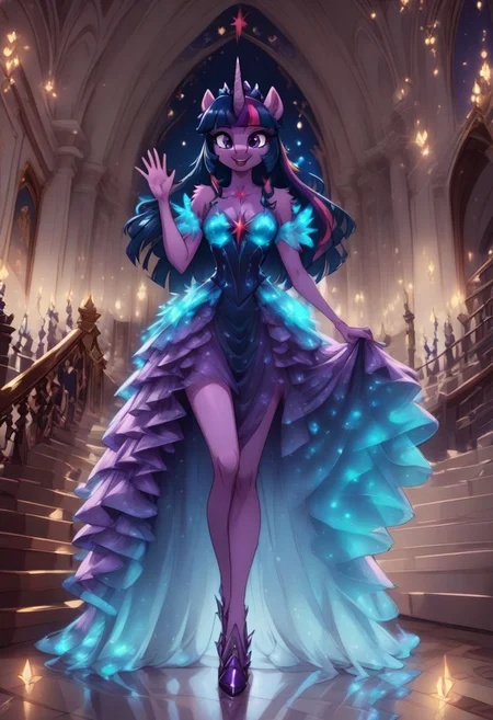 score_9, score_8_up, score_7_up, anthro,
(((Princess Twilight Sparkle))), alicorn, (spread wings), horn, regalia,
facing viewer, front view, female focus, view from chesthight,
g5, pony, female, mare, tail, dock, solo, 1girl, highly detailed, beautiful, detailed eyes, detailed fur, beautiful eyes, (tall), ((perfect body proportions), (beautiful long legs),
small breasts, show accurate skin colour,
long hair, fluffy hair, biggest hair,
(((walking ((down)) a grand staircase))), (((waving to viewer))), ((happy, excited, smiling at viewer invitingly)),
(((wearing a beautiful, eyecoloured, bioluminescent, shoulderfree ballgown))), glowing ballgown,
BREAK,
highly detailed background, (((nighttime))), night
inside Canterlot castle, ballroom, ((grand staircase)), mirror marble floor, (((dimmed lights in the room))),