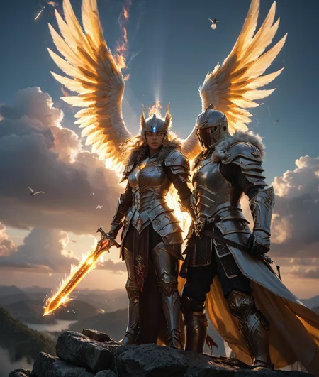 zPDXL3, EZNegPONYXL, EnhanceImage, dynamic action shot, tall and toned brunette woman wearing Valkyrie Warrior, a silver metallic bodysuit, faux fur cape, thigh-high boots, and a opene-face helmet, hkstyle, and there are several birds flying around her., Mythical realm of the fae with iridescent wings and ethereal music. The woman is standing in front of a bright blue sky with white clouds, and the sun is shining down on her from behind.,
dynamic action shot, with multiple characters engaged in battle. on the right side, the character with green hair is flying through a cloud-like formation, while the other character has blonde hair and is holding a sword. the background is filled with explosions and sparks, creating a chaotic and intense atmosphere. in the center of the image, there is a large dragon-like creature with sharp claws and sharp teeth, flying through the air. the creature appears to be attacking a group of people, who are also holding swords and shields. on the left side of the illustration, there are two characters engaged in a fierce battle, one with purple hair and the other with blue hair. the characters are surrounded by a fiery orange and yellow glow, indicating that they are in the midst of a battle.
 <lora:Aesthetics_Enhancer_pony:0.21> <lora:PonyFantasyKnightsV3:0.751>