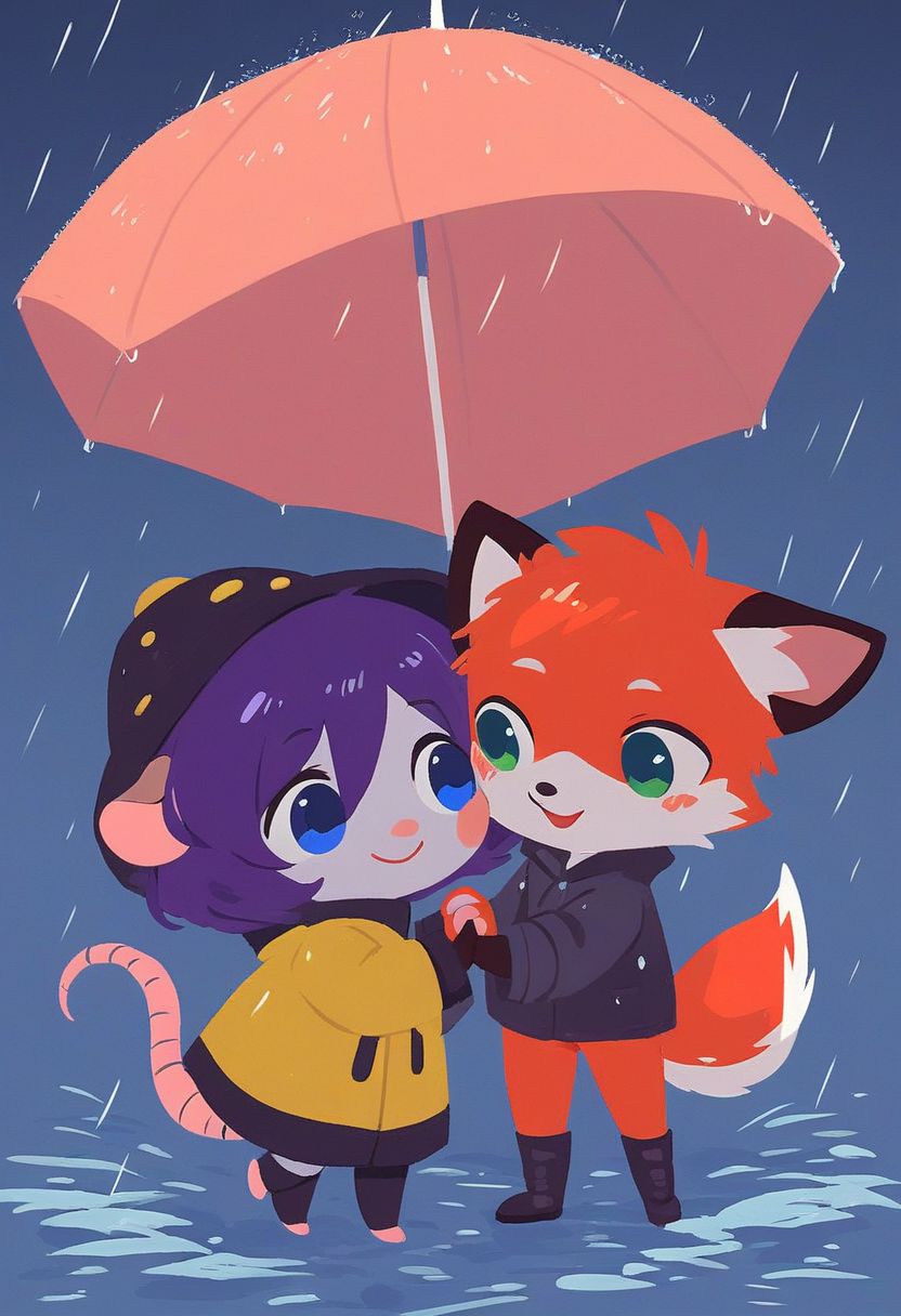 score_9, score_8_up, 1boy, 1girl, (1boy, cute male red fox, blue eyes, short blonde hair), (1girl,  cute female grey American opossum, green eyes, purple hair), wearing yellow rain coats, wellington boots, rain hats, playing in the rain, holding hands, sharing an umbrella, friends, couple, chibi, same height, adorable, happy