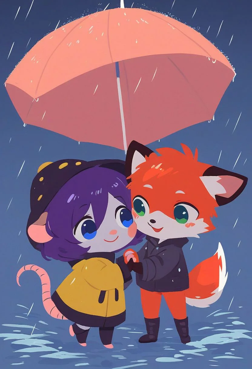 score_9, score_8_up, 1boy, 1girl, (1boy, cute male red fox, blue eyes, short blonde hair), (1girl, cute female grey American opossum, green eyes, purple hair), wearing yellow rain coats, wellington boots, rain hats, playing in the rain, holding hands, sharing an umbrella, friends, couple, chibi, same height, adorable, happy