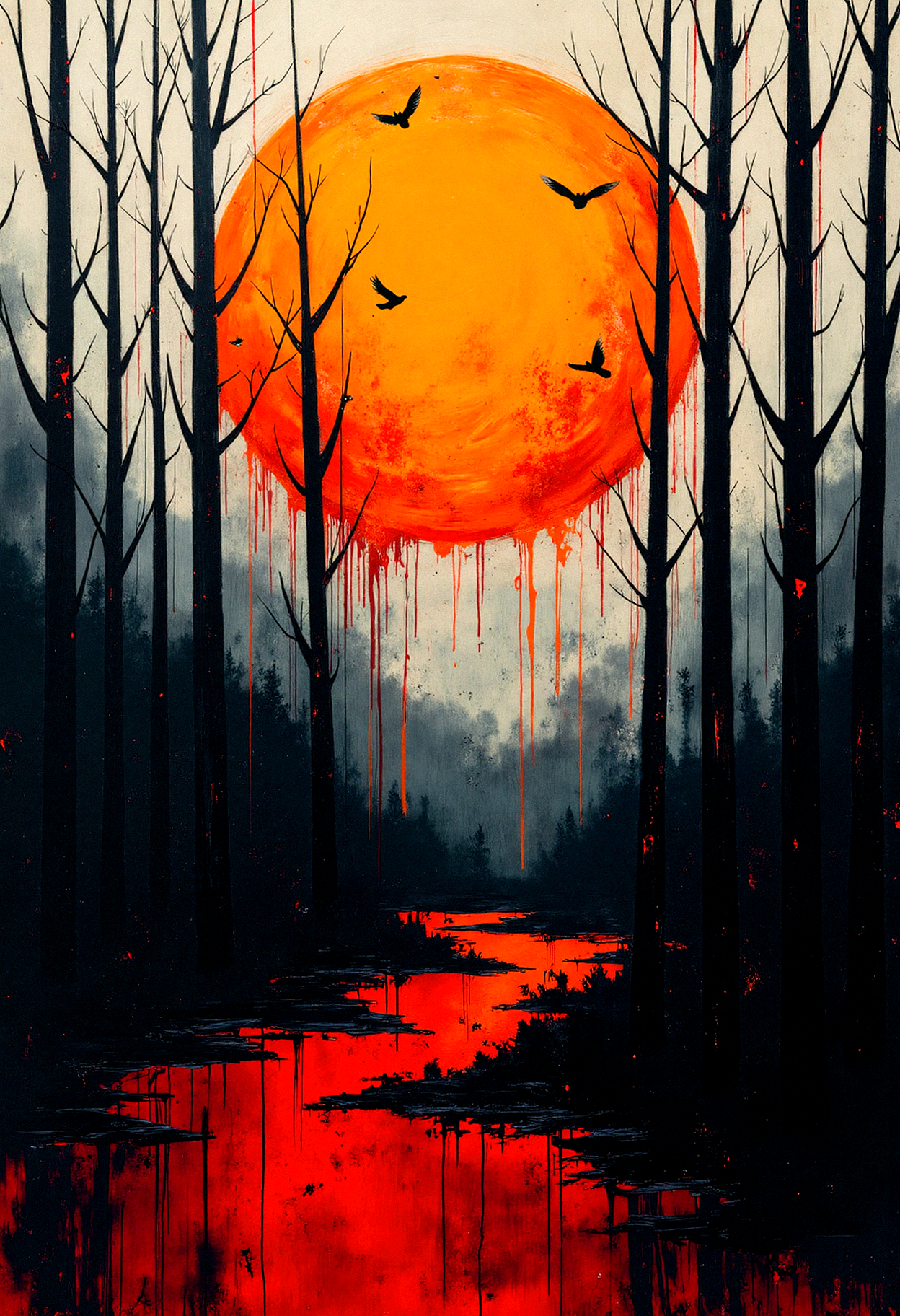 A surreal and painterly depiction of a dark forest silhouetted against a glowing orange moon. The trees are tall, skeletal, and jagged, with their forms melting and dripping into a cascade of abstract crimson and black streaks below. The background is a chaotic blend of fiery hues and moody grays, with splatters and smears of color adding to the dramatic intensity. Birds fly across the moon's surface, completing the eerie and abstract composition.
