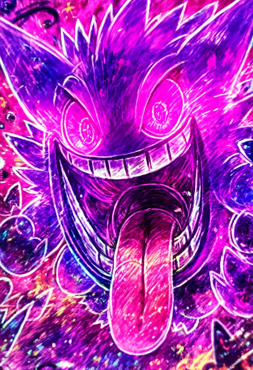score_9, score_8_up, score_8,
gengar, no humans, gengar, :d, blurry, creatures (company), game freak, gen 1 pokemon, glowing, glowing eyes, kaosu (kaosu0905), nintendo, no humans, open mouth, pink eyes, pokemon, pokemon (creature), signature, smile, solo, teeth, tongue, tongue out