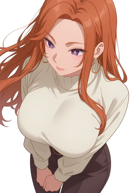 Smooth Quality,masterpiece,beautiful aesthetic, very intricate, high quality details, ultra realistic, high detailed skin,
simple background, white background,
dynamic angle,ohikaenasutte,+ +,
pants,,turtle neck, ,Hand chains, <lora:Fuyuki_Maicnn:0.8> mai/cnn, 1girl, long hair, purple eyes, jewelry, hoop earrings, brown hair, orange hair, large breasts,