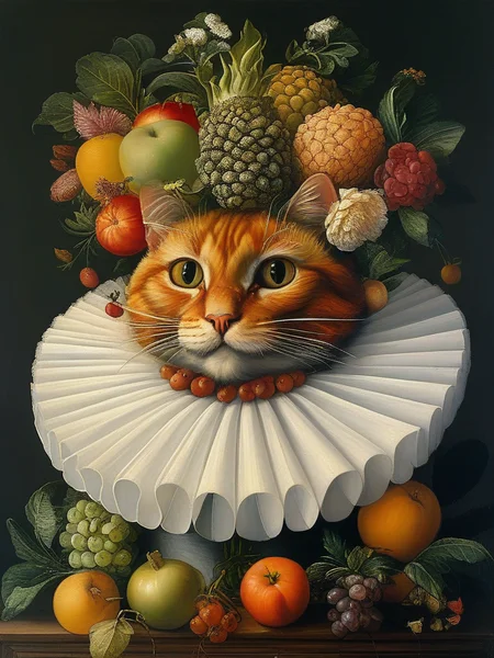 masterpiece,best quality,oil painting,illustration,cat,style of Giuseppe Arcimboldo,fruits,vegetables,flowers,fish and books,<lora:tbh108-sdxl:0.9>,