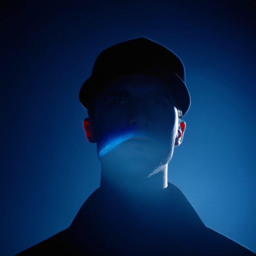 cinematic film still of  <lora:Cool Lighting Style:1> Blue Cool Lighting Style
 <lora:Chiaroscuro Lighting Style:1>
dramatic, cinematic, shadow, partially covered in shadow, a man with a hat and a tape over his face Chiaroscuro Lighting Style, solo, 1boy, monochrome, greyscale, male focus, glowing, silhouette, shallow depth of field, vignette, highly detailed, high budget, bokeh, cinemascope, moody, epic, gorgeous, film grain, grainy