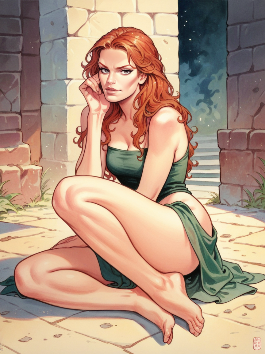 score_9, score_8_up, score_7_up, score_6_up,  <lora:m1l0mXLP:1> m1l0m, traditional media, 1girl, long hair, ginger, full body, looking at viewer,
