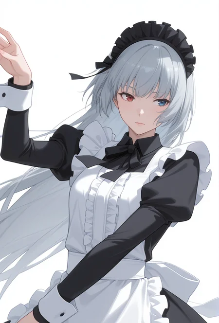Smooth Quality,masterpiece,very intricate, high quality details, ultra realistic, high detailed skin,detailed enviorement,absurdres,
simple background, white background,solo,
dynamic angle,dancing,
in heat,
<lora:Valentine_CNR:0.8> valentine_cnr, 1girl, blue eyes, grey hair,red eyes, heterochromia, blue eyes,very long hair,
valentine_maid,black ribbon, bow, dress, frills,juliet sleeves, maid apron,black maid headdress, puffy sleeves, ribbon,