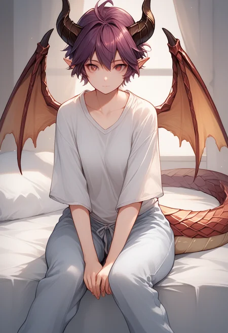 score_9, score_8_up, score_7_up, source_anime, grea, 1girl, solo, dragon girl, uniform scale pattern, dragon wings, dragon tail, dragon horns, pointy ears, short hair, breasts, large breasts, looking at viewer, sitting on bed, knees to chest, loose shirt, loose pants