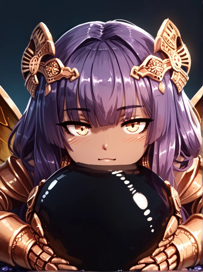 (expressive eyes), (Masterpiece), 1girl, (barbariank artstyle), Khepri, arthropod limbs, dark skin, gold, beetle wings, purple hair, head ornament, Slime ball, girl on slime, opaque slime, black slime, close up, (score_9, score_8_up, score_7_up), <lora:V5.1_retrain:1.0>