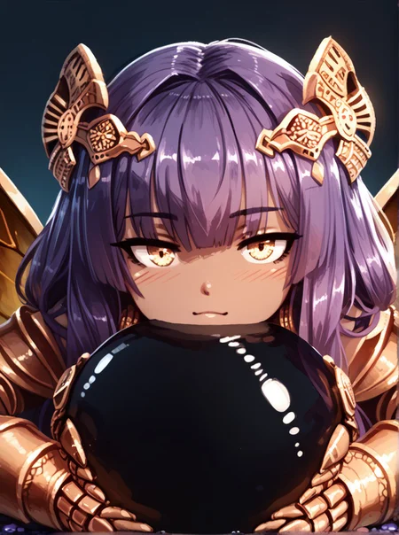 (expressive eyes), (Masterpiece), 1girl, (barbariank artstyle), Khepri, arthropod limbs, dark skin, gold, beetle wings, purple hair, head ornament, Slime ball, girl on slime, opaque slime, black slime, close up, (score_9, score_8_up, score_7_up), <lora:V5.1_retrain:1.0>