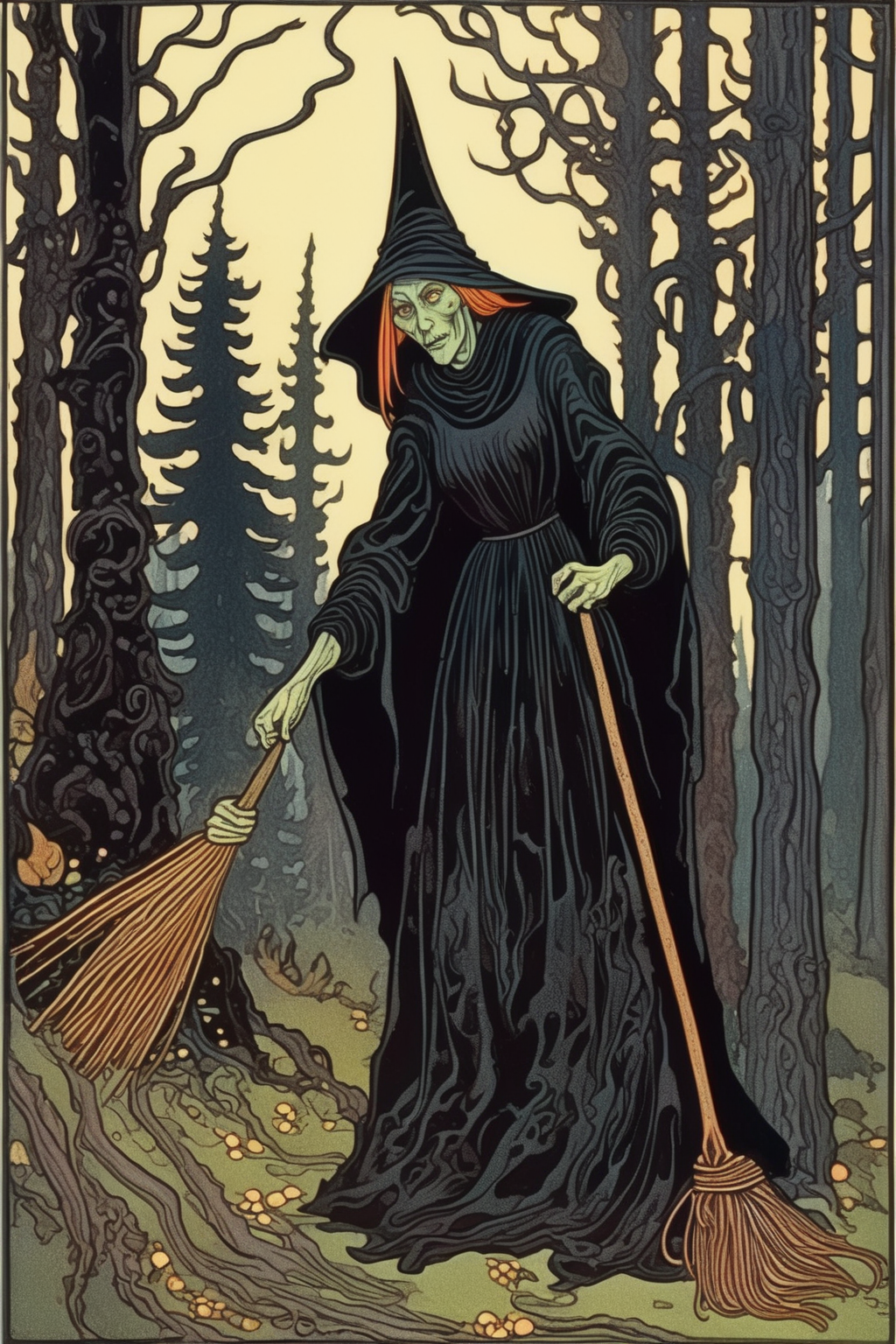 <lora:Ivan Bilibin Style:1>Ivan Bilibin Style - scary witch with broom, dark clothes, in the forest in the style of ivan bilibin