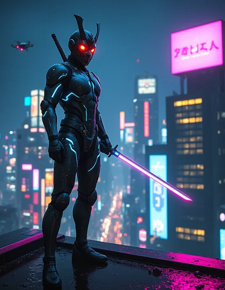 Imagine an image of a cyberpunk samurai, their sleek, body-hugging exosuit lined with pulsating electric blue circuitry, standing on the rain-slicked rooftop of a Tokyo-inspired megacity. The cityscape below is an ocean of vibrant neon holograms, towering skyscrapers adorned with glowing advertisements in Japanese kanji, while automated drones weave through the rain-filled night sky. The character’s face is partially obscured by a high-tech oni mask with glowing crimson eyes, the lower half revealing a determined mouth set in a firm line. A katana, its edge lined with humming plasma energy, is drawn in their right hand, reflecting the surrounding neon hues. Rain falls in heavy, individual droplets, bouncing off their shoulders and pooling around their armored boots, creating fragmented reflections of the city’s vibrant lights. The lighting is high-contrast, cinematic, with a neon pink billboard casting a soft glow across the character’s polished exosuit, while a deep purple underglow highlights the rain-soaked edges of the rooftop.