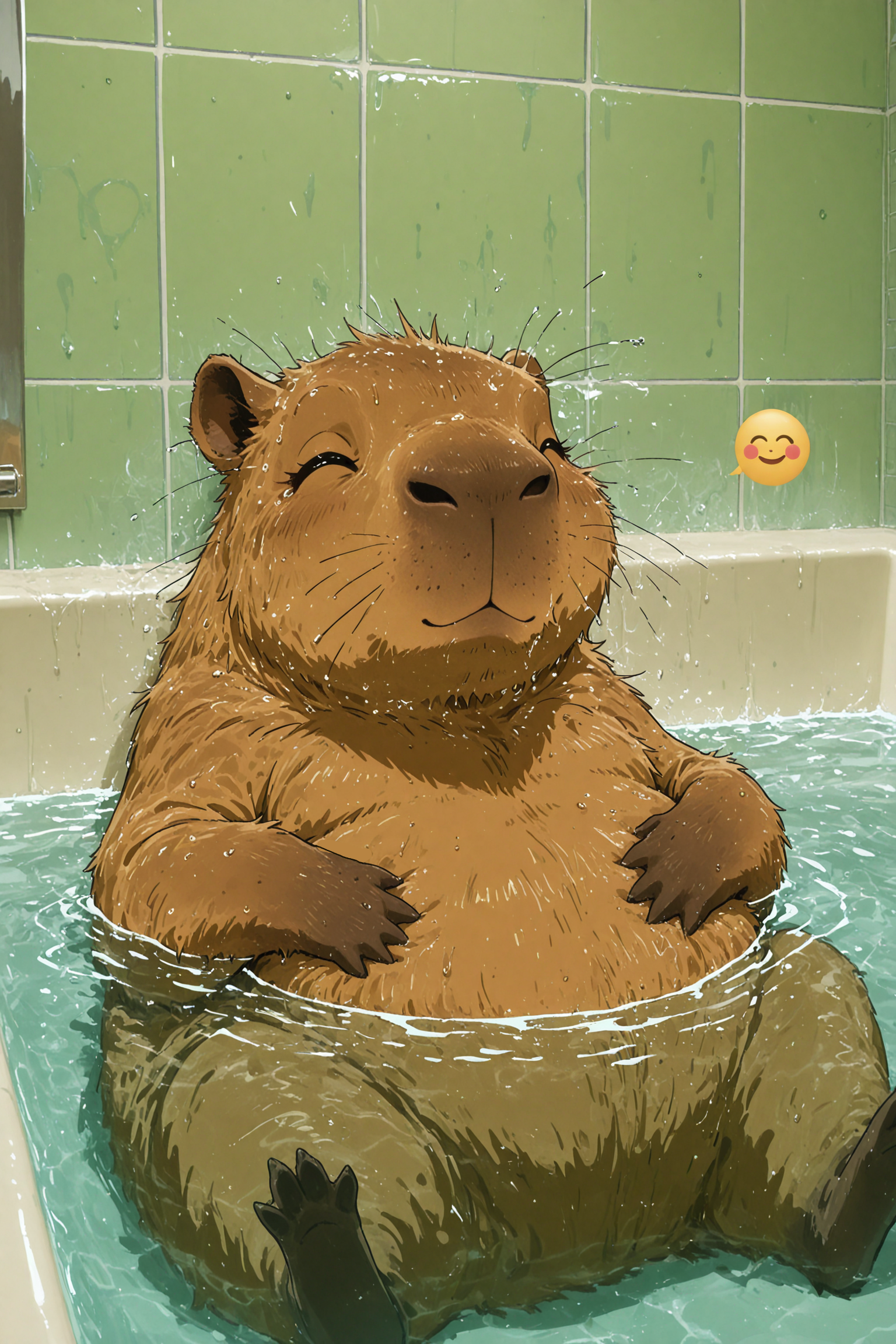 no humans, capybara, rodent, animal focus, bathtub, bathroom, tile wall, soaked, sitting in water, water surface, relaxed, closed eyes, smiling, spoken emoji, smile emoji, hands on stomach, partially submerged,                       
masterpiece,best quality,amazing quality,very aesthetic,absurdres,newest, anime coloring,   