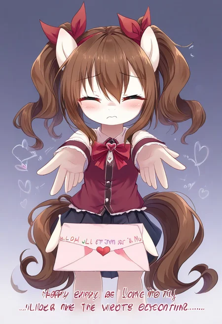 score_9, <lora:Kra_-_MLP:0.8> k'r4, <lora:love-letter-ponyxl-lora-nochekaiser:1>, love letter, heart, valentine, letter, confession, incoming gift, outstretched arms, closed eyes, shoutingsource_pony, ntm,