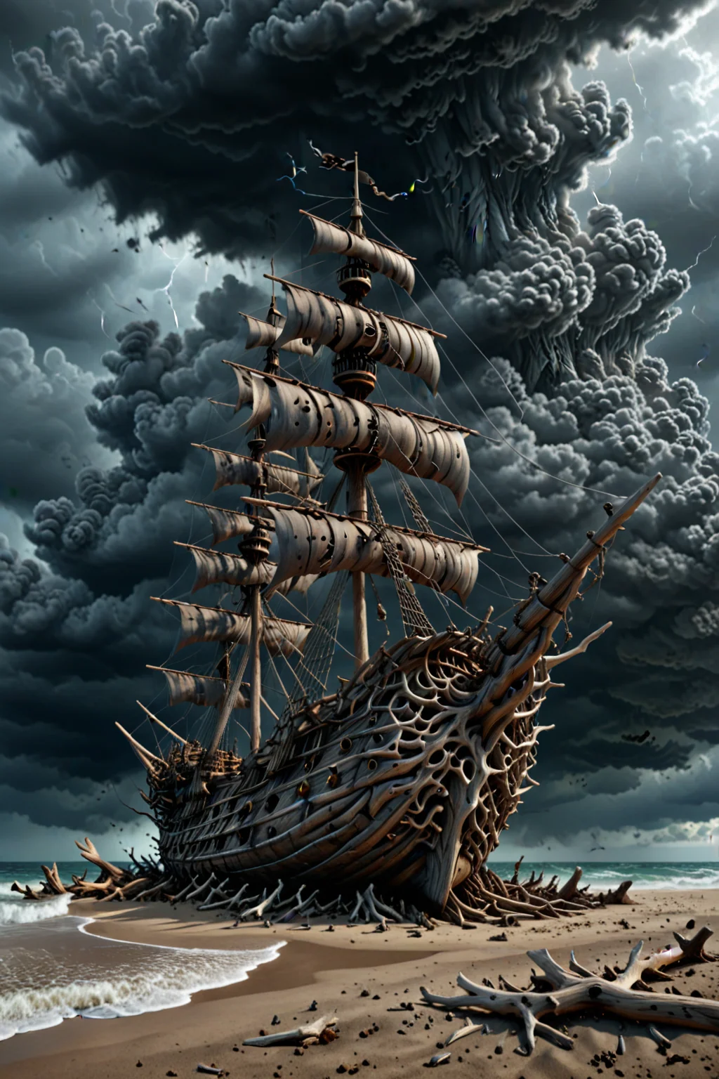 (huge Driftwood pirate ship), Epic Cinematic scene, creepy, Grey smoke, storm, (large dark clouds), lightning bolts, 3d render, strong, insanely intricate details, (masterpiece), UHD, <lora:Driftwood_Detailed_Art_-_By_DICE:0.7>, driftwood pirate ship, <lora:Jugg_XL_Cinematic_Beasts:0.99>, (DEVIL SPAWN clouds)