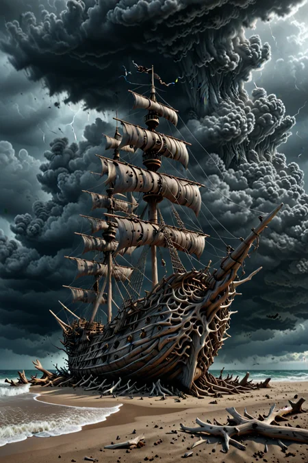 (huge Driftwood pirate ship), Epic Cinematic scene, creepy, Grey smoke, storm, (large dark  clouds),  lightning bolts, 3d render, strong, insanely intricate details, (masterpiece), UHD, <lora:Driftwood_Detailed_Art_-_By_DICE:0.7>, driftwood pirate ship,   <lora:Jugg_XL_Cinematic_Beasts:0.99>, (DEVIL SPAWN clouds)