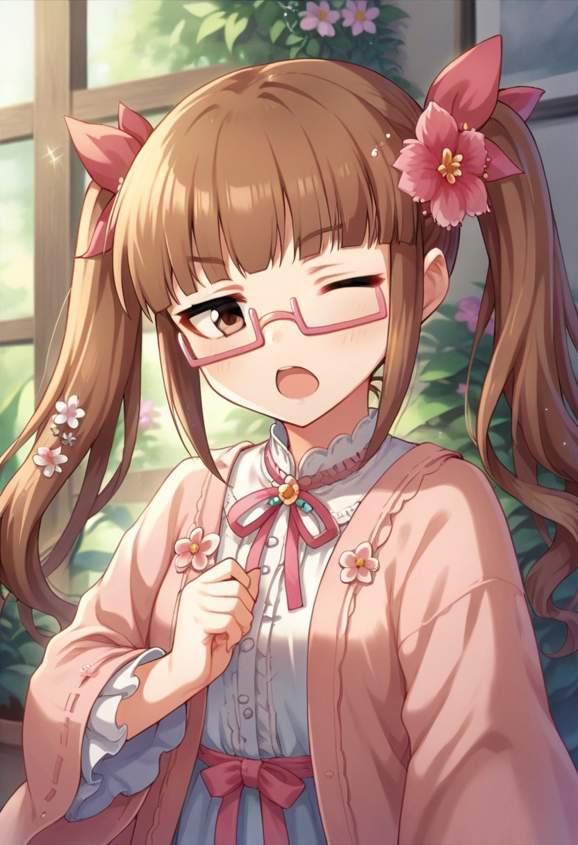score_9, score_8_up, score_7_up, source_anime,ikebukuro akiha, brown hair, brown eyes, twintails long hair, semi-rimless eyewear, pink-framed eyewear, 1girl, solo, one eye closed, glasses, twintails, hair flower, flower, under-rim eyewear, hair ornament, open mouth