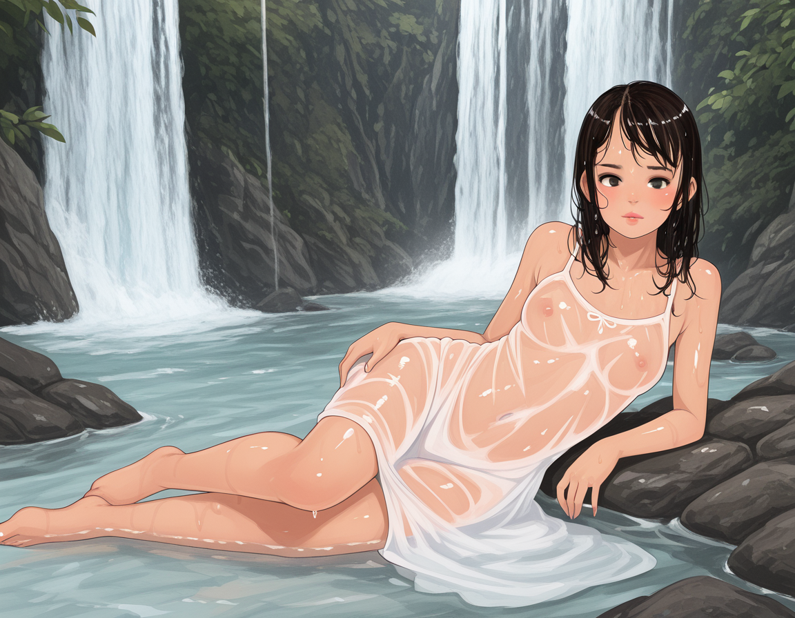 <lora:mokopekko_Illustrious:1>mstyle
see-through, lying, water, wet, delicate fabric, see-through, covered nipples, lipstick, wet hair, barefoot, waterfall, outdoors, pure, delicate, charming