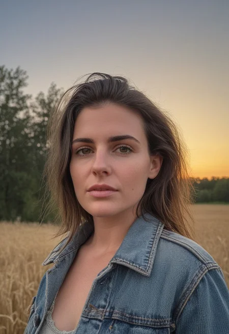 30yo american woman in a wheat field
Small eyes. Brown eyes.
Wearing ripped Denim jacket
no makeup. Clear skin. realistic skin style
Long dark black slick back hair. No makeup. Dusk, Street light. Looking at camera POV. Slight smile, tilting head.. Tilt head. Hands in head, face, lips.
Medium Close Up shot. Bokeh. Bokeh light. Sunset. yellow, purple sky.
