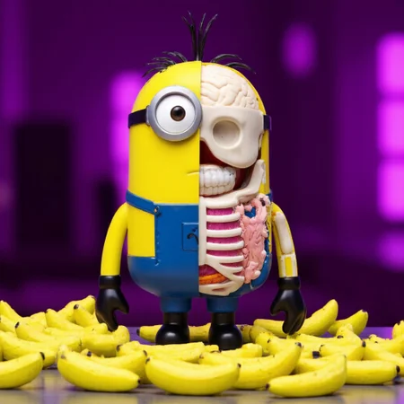 A 3D-rendered m3me movie still of a Minions figure from the minions movie, split vertically down the middle to reveal two contrasting sides. One half exposes a detailed skeletal structure, with muscles, tendons, and internal organs visible. The skull is open, showcasing the Minion's small brain amidst several bananas crammed in the skull, and the face on this side is partially skeletal, with visible muscle strands connecting to the bones. The other half portrays the Minion in its classic appearance, with bright yellow cylindrical body, blue overalls, large round eyes with goggles, and a tiny tuft of black hair. The normal and dissected halves of the minion create a striking contrast between cute, cuddly exterior and exposed inner anatomy. Strips of yellow skin lay curled on the ground.
The background is an 80's vr disco with purple and yellow neon lights casing an eerie glow.