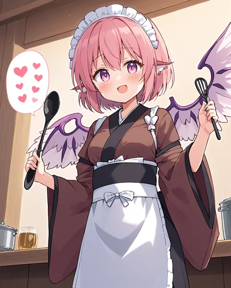 mystia lorelei,1girl, solo, one_eye_closed, open_mouth, holding_ladle, smile, bird_wings, blush, wide_sleeves, eighth_note, heart, speech_bubble, white_wings, maid_headdress, brown_kimono, white_apron, long_sleeves, one-hour_drawing_challenge, wa_maid, waist_apron, ;d
<lora:mystia_lorelei_image8444_2023-12-14-000007:1>,star-shaped_pupils,symbol-shaped_pupils,. gorgeous,key visual, vibrant, studio anime,award-winning, professional, highly detailed,high budget, cinemascope