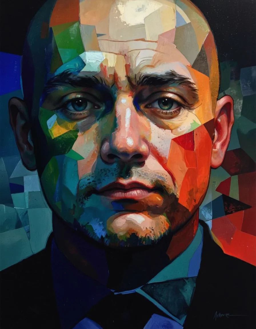 By Donna Young. A digital illustration shoot from a portrait camera angle about a portrait of a bald man made up of colorful triangular shapes in a low-angle perspective, creating a vibrant and dynamic composition. the image also shows a serious expression on the middle face of the man, who appears to be a middle-aged man, in the middle of the image, with his upper body facing the viewer and looking directly at the viewer. the man is bald, with a slim body, and is wearing a dark suit and tie. he has blue eyes and a neutral expression. the background is composed of various shades of blue, green, red, and orange, with the colors blending together to create a mosaic-like effect. the overall style is reminiscent of modern abstract art, with geometric shapes and vibrant colors that create a visually striking composition.