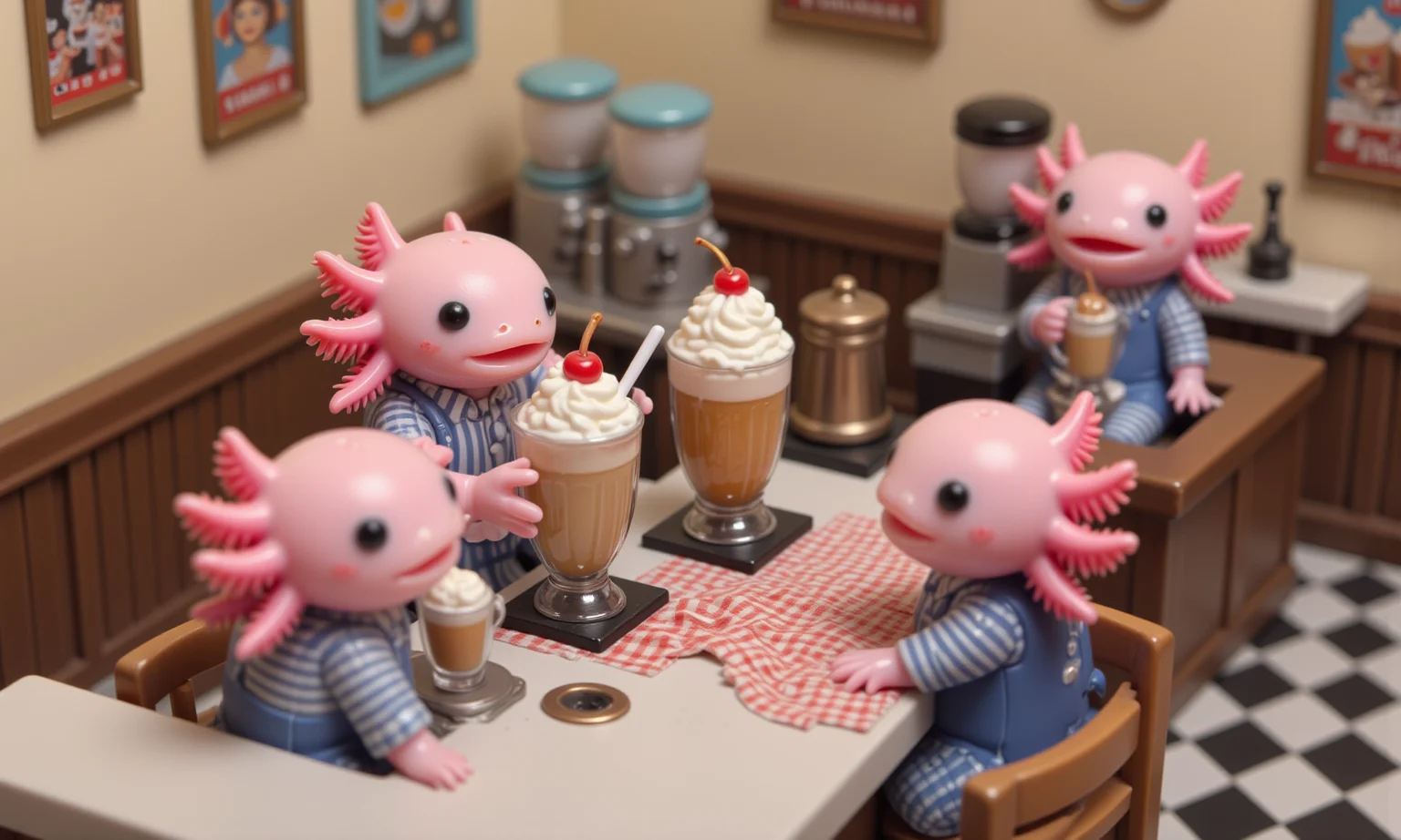 top down tilt shift image of tiny cute anthropomorphized axolotls with pink frilly gills and round black eyes,  close-up of a pink axolotl in a retro soda shop, wearing a striped apron and holding a miniature metal milkshake cup filled with vanilla shake topped with whipped cream and a cherry; its round black eyes sparkle with excitement as it offers the milkshake to another axolotl seated at a counter with a red and white checkered cloth; tilt-shift effect blurs the background of soda machines, vintage posters, and other customers, adding a cozy, nostalgic feel to the tiny scene, as if viewed in close-up with a shallow depth of field<lora:Axomodel_Flux_V2.safetensors:1.0:1.0> <lora:isometric.safetensors:1:1>