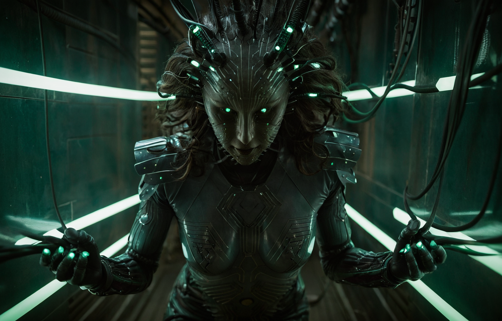 cinematic film still action scene, dappled cinematic lighting, DSLR photo, special effects, dark corridor in futuristic space station, shodan  female angel of war, polished slippery digital latex, cracking blazing energy whip gripped by one hand via the handle, wings made of flexible cables, weathered/textured lifelike dull matte skin, natural imperfections and asymmetry, natural motile emotive shodan face , Extremely high-resolution details, photographic, realism pushed to extreme, fine texture, incredibly lifelike, <lora:shodan_sdxl:1.2> . shallow depth of field, vignette, highly detailed, high budget, bokeh, cinemascope, moody, epic, gorgeous, film grain, grainy