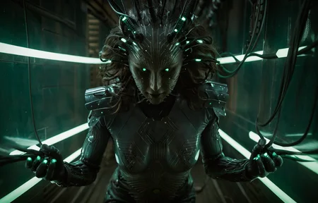 cinematic film still action scene, dappled cinematic lighting, DSLR photo, special effects, dark corridor in futuristic space station, shodan female angel of war, polished slippery digital latex, cracking blazing energy whip gripped by one hand via the handle, wings made of flexible cables, weathered/textured lifelike dull matte skin, natural imperfections and asymmetry, natural motile emotive shodan face , Extremely high-resolution details, photographic, realism pushed to extreme, fine texture, incredibly lifelike, <lora:shodan_sdxl:1.2> . shallow depth of field, vignette, highly detailed, high budget, bokeh, cinemascope, moody, epic, gorgeous, film grain, grainy