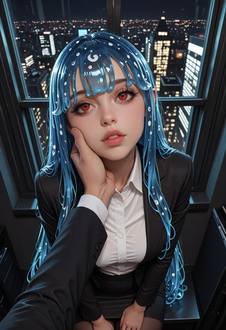ultra-detailed,masterpiece, best quality, good quality, 8k,beautiful eyes, detailed eyes, detailed face,
BREAK
hlbao, liquid hair, very long straight hair, bangs, blue hair, red eyes, skirt, shirt, long sleeves, jewelry, black jacket, white shirt, formal, suit, pencil skirt, office lady,
BREAK
chin grab, 1girl, 1boy, boy pov in front of girl, girl looking up at boy,
BREAK
Office, Large window showing a cityscape at night, dark theme,
BREAK
artist:moriimee, <lora:MoriiMee_Gothic_Niji_Style_Illustrious_r1:0.6>, <lora:PowerPuffMixLora:0.5>,
BREAK