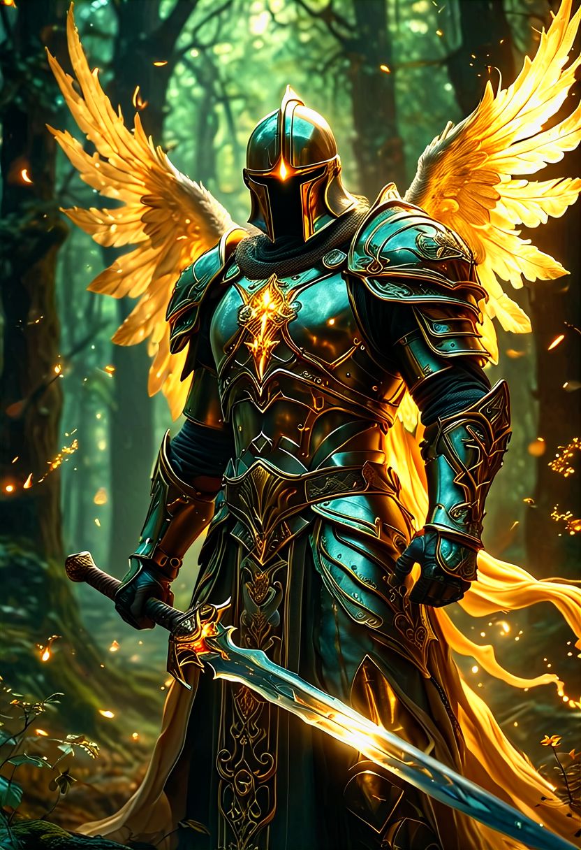 cinematic film still, towering knight_magic archangel Hybrid figure with a glowing sword embedded in the ground, The archangel knight is fusing with magic auras, with swirling energy and light magic imbues the armor, detailed elegantly crafted armor with golden inlaid celtic knotwork. The background should feature a heavenly forest, mystical and ancient ambiance, blend light magic and armor, (golden glow filling the room:1.5), fantasy theme, magical world is fused with knight, realistic, (well formed five fingers hands holding sword:1.7), . shallow depth of field, vignette, highly detailed, high budget, bokeh, cinemascope, moody, epic, gorgeous, film grain, grainy, (fractal art:1.4),