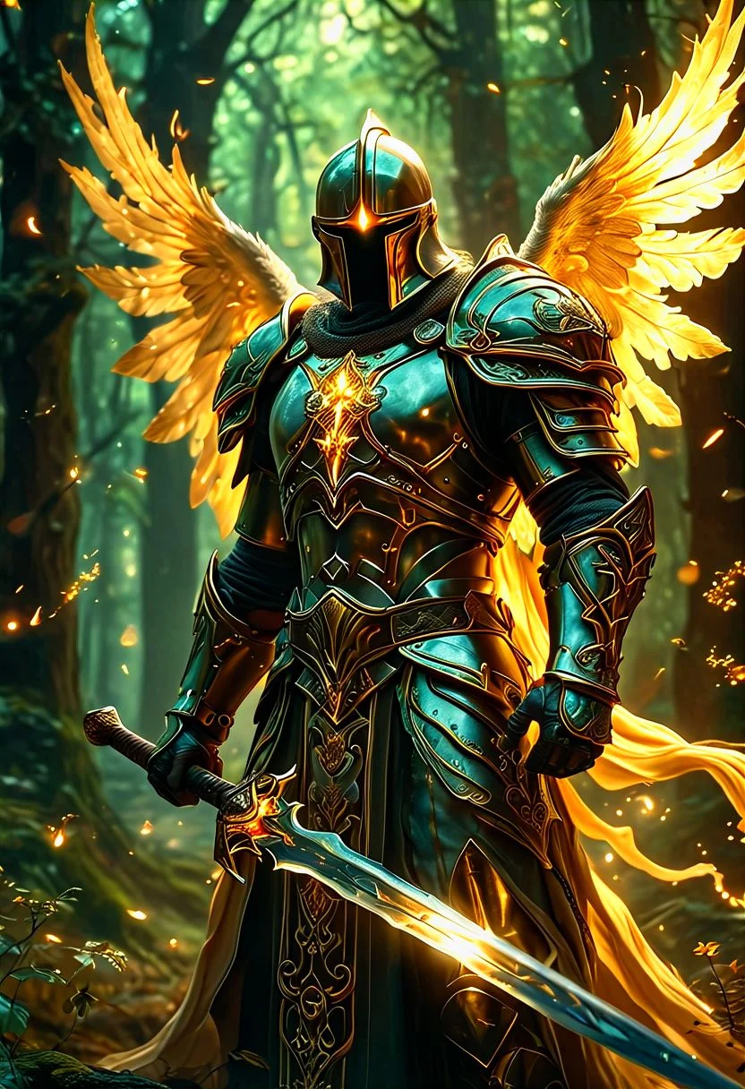 cinematic film still, towering knight_magic archangel Hybrid figure with a glowing sword embedded in the ground, The archangel knight is fusing with magic auras, with swirling energy and light magic imbues the armor, detailed elegantly crafted armor with golden inlaid celtic knotwork. The background should feature a heavenly forest, mystical and ancient ambiance, blend light magic and armor, (golden glow filling the room:1.5), fantasy theme, magical world is fused with knight, realistic, (well formed five fingers hands holding sword:1.7), . shallow depth of field, vignette, highly detailed, high budget, bokeh, cinemascope, moody, epic, gorgeous, film grain, grainy, (fractal art:1.4),