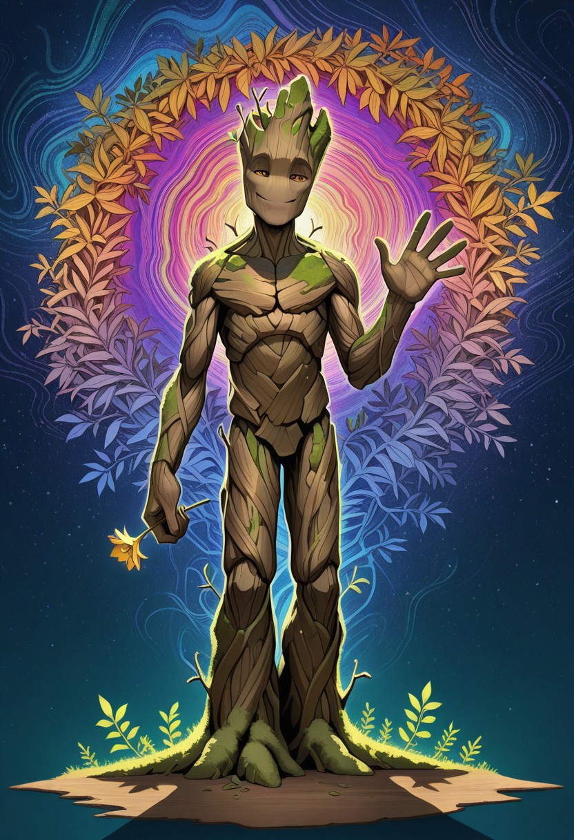 masterpiece, absurdres, amazing quality, extremely detailed, very aesthetic, solo, male, 
Groot1, tall, made of wood, amber eyes, brown bark skin, moss, leaf, (no nose:1.15), alien, flora fauna, plant boy, 
standing, looking at viewer, smile, half-closed eyes, narrowed eyes, seductive smile, hand up, waving, full body, perfect hands, 5 fingers, holding flower, 
psychedelic background, cosmic background, shadow,  perfect lighting, WaiIL25PosC