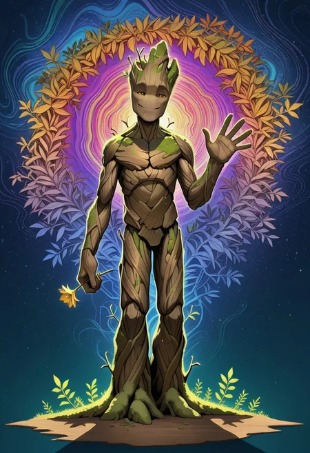 masterpiece, absurdres, amazing quality, extremely detailed, very aesthetic, solo, male, 
Groot1, tall, made of wood, amber eyes, brown bark skin, moss, leaf, (no nose:1.15), alien, flora fauna, plant boy, 
standing, looking at viewer, smile, half-closed eyes, narrowed eyes, seductive smile, hand up, waving, full body, perfect hands, 5 fingers, holding flower, 
psychedelic background, cosmic background, shadow,  perfect lighting, WaiIL25PosC