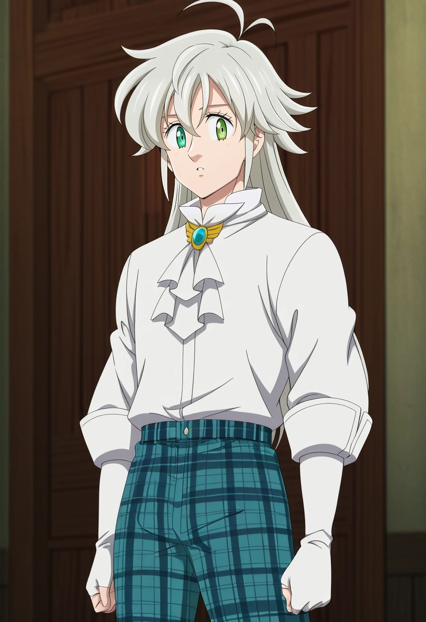 masterpiece, best quality, anime screencap, official style, anime coloring, cowboy shot, 1boy, solo, male focus, <lora:tristan_liones_ilxl:0.98>, tristan_liones, grey hair, green eyes, long hair, ahoge, white shirt, white ascot, , , Plaid trousers, Cobalt Baseball shirt, Chelsea boots, ,