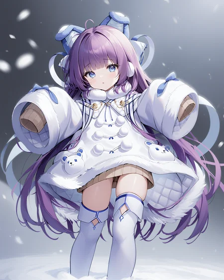 <lora:tashkent_xl_v1.1-000010:1>,tashkent,6 year old,purple hair,blue eyes,
brown sweater,white coat,fur trim,winter clothes,thigh boots,sleeves past fingers,hair ornament,fake animal ears,
snow,